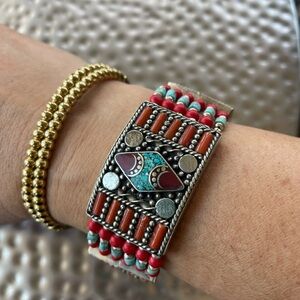 Bohemian Silver and Turquoise, Coral Bracelet